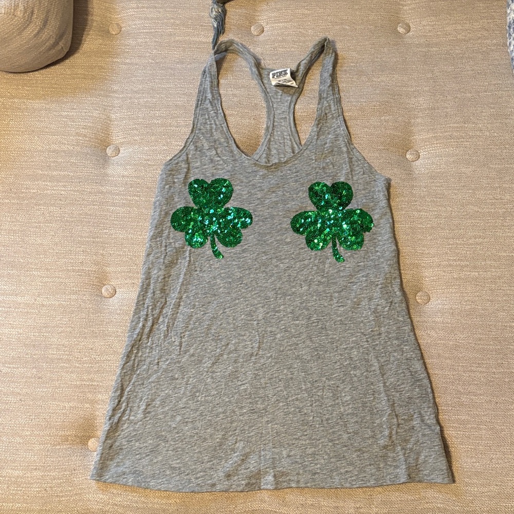 PINK Sequin Shamrock Grey Racerbank Tank